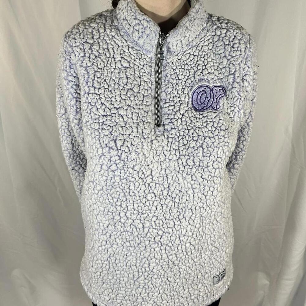 White and purple Sherpa quarter-zip pullover Odd Future.